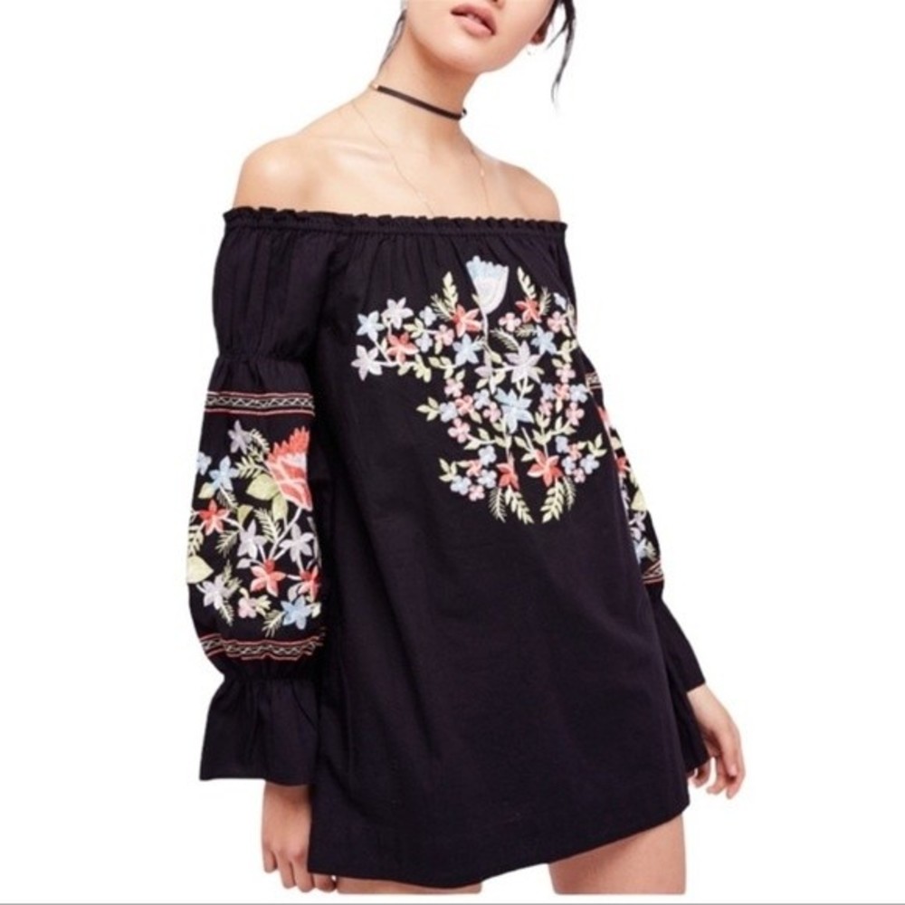 Free People Fleur Du Jour Black Floral Embroidered Off Shoulder Mini Dress XS